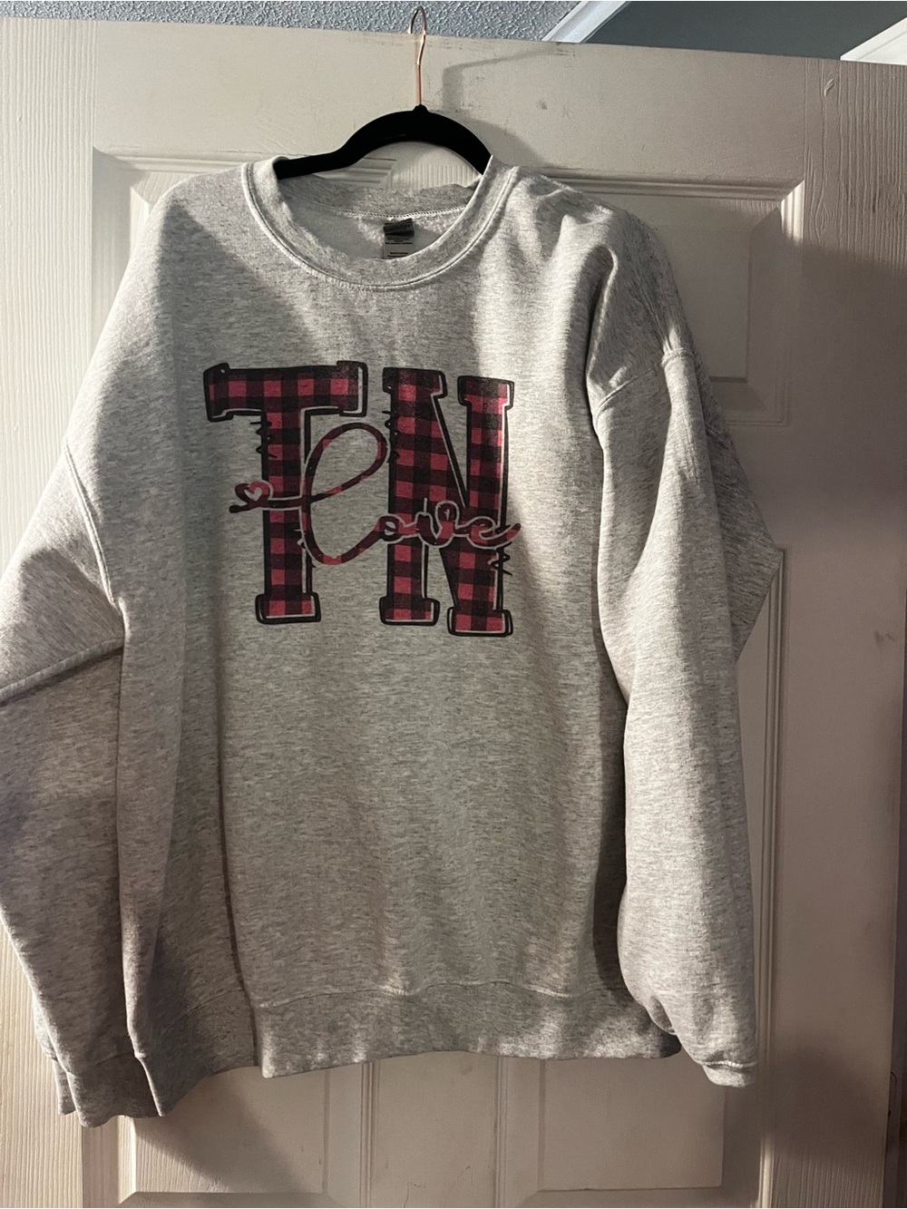 Gray Crewneck Sweatshirt with Pink Buffalo Plaid TN Love Graphic